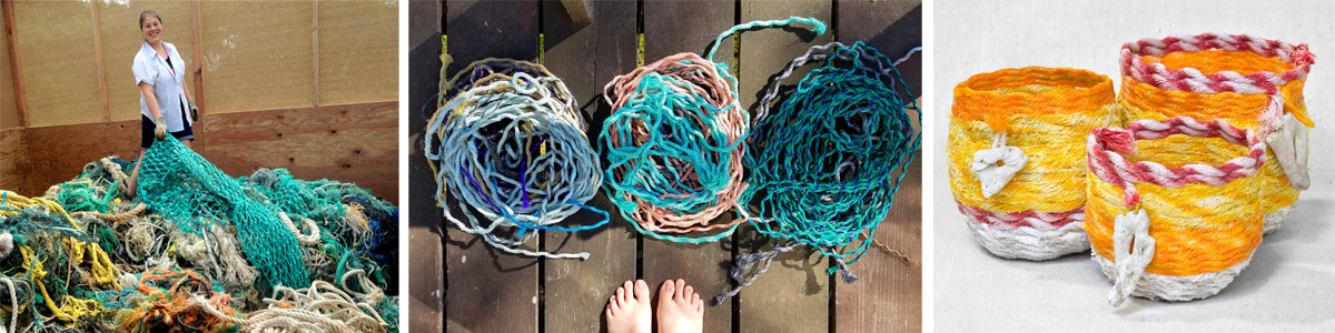 Ghost Net Landscape, fishing rope fiber art, marine debris art installation by Emily Miller, Oregon artist, Kauai artist